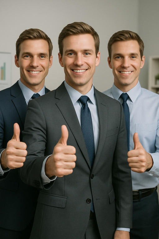 Three white men in casual business attire giving thumbs up, representing the credibility that Brads provide